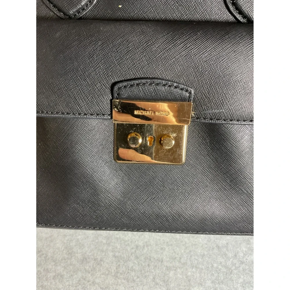 Michael Kors Black Saffiano Leather Satchel Handbag Gold Hardware Push Lock